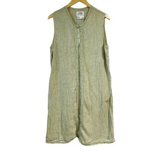 Flax Linen Large Sleeveless Green Button Down Dress